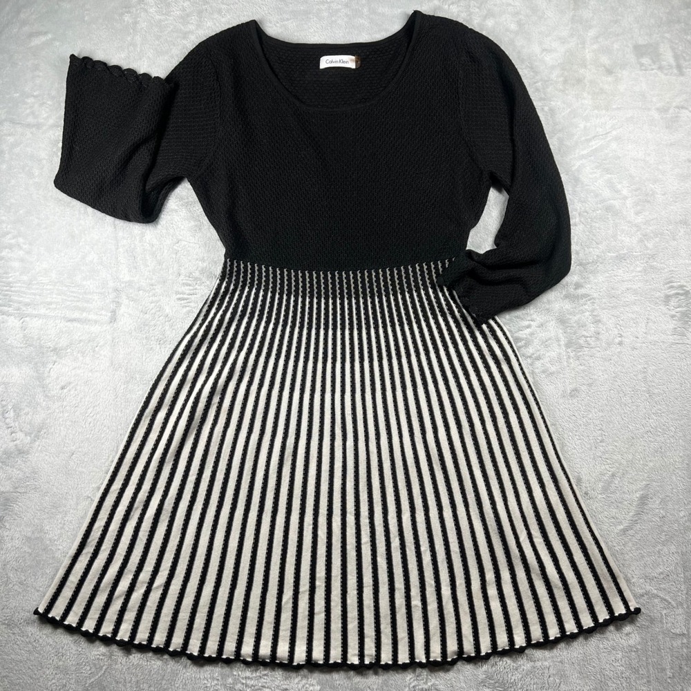 Calvin Klein Womens‎ Black White Striped Fit Flare Sweater Dress CD3W1QBG Size L